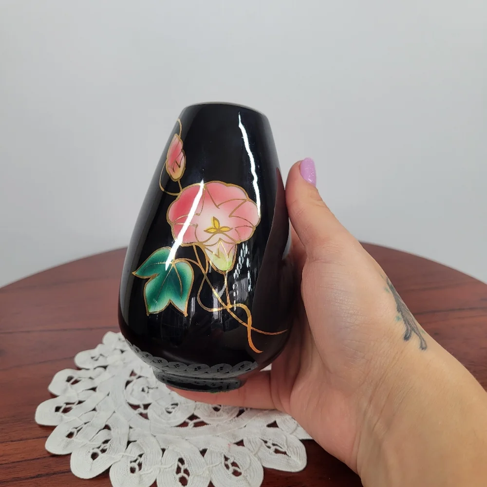 Vintage Andre R. Otagiri Black Bud Vase Crimson‎ Rose Gold Trim Made in Japan